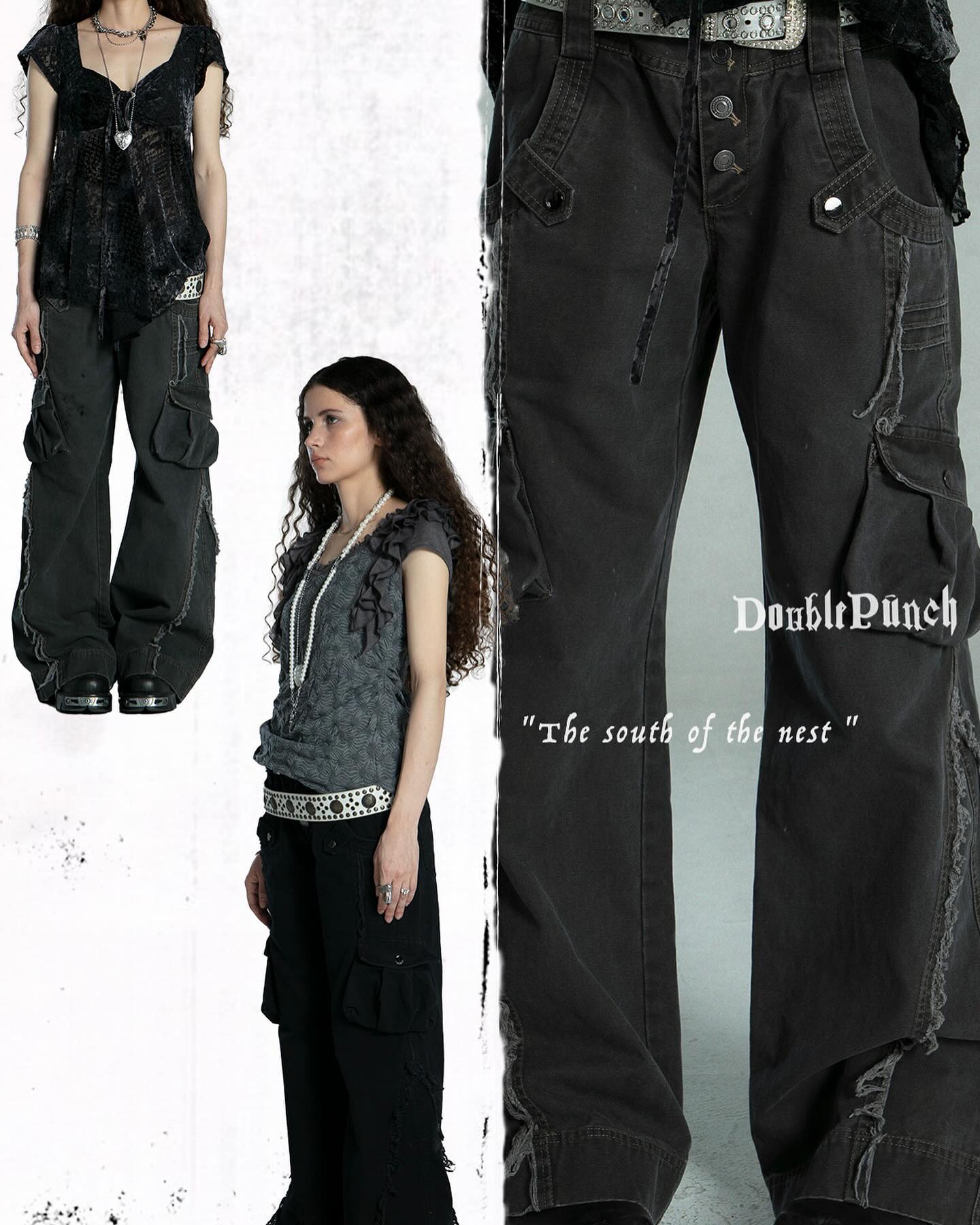 the image showcases a clothing line called "double punch," specifically highlighting their "the south of the nest" cargo pants.  three women are featured modeling different versions of the pants.  the first woman wears a distressed dark top with the wideleg cargo pants. the second is wearing grey top and black cargo pants.  the third woman's image focuses solely on the dark gray, distressed cargo pants that have multiple pockets and fraying details along the hems. the overall aesthetic leans toward grunge, dark, and alternative styles.