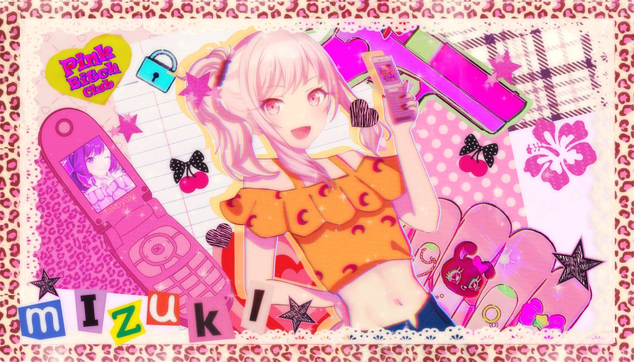 the image is a vibrant and colorful collage featuring an anime girl with pink hair in a cute, girly style. the collage incorporates various elements such as hearts, stars, cherries, bows, a hibiscus flower, leopard print, and pastel colors. the anime girl is holding a cell phone and is dressed in a yellow and orange top. a pink flip phone with a picture of another anime girl on the screen is also featured. the overall aesthetic is reminiscent of early 2000s fashion trends with a modern kawaii twist. the words "mizuki" and "pink bitch club" are also prominently displayed. the style is highly stylized, almost like a digital scrapbook or journal page.