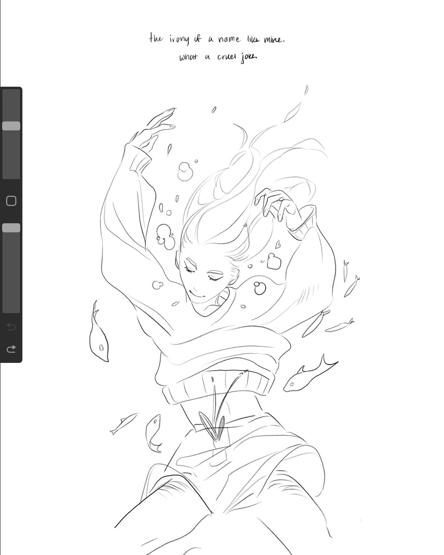 a line art illustration of a young woman diving underwater. the woman has long flowing hair that is billowing out around her head. she's in a relaxed position, seemingly happy and carefree as she swims, with a lighthearted expression on her face.   fish and bubbles surround her and add to the underwater theme.   the image is accompanied by a text quote.   "the irony of a name like mine. what a cruel joke."