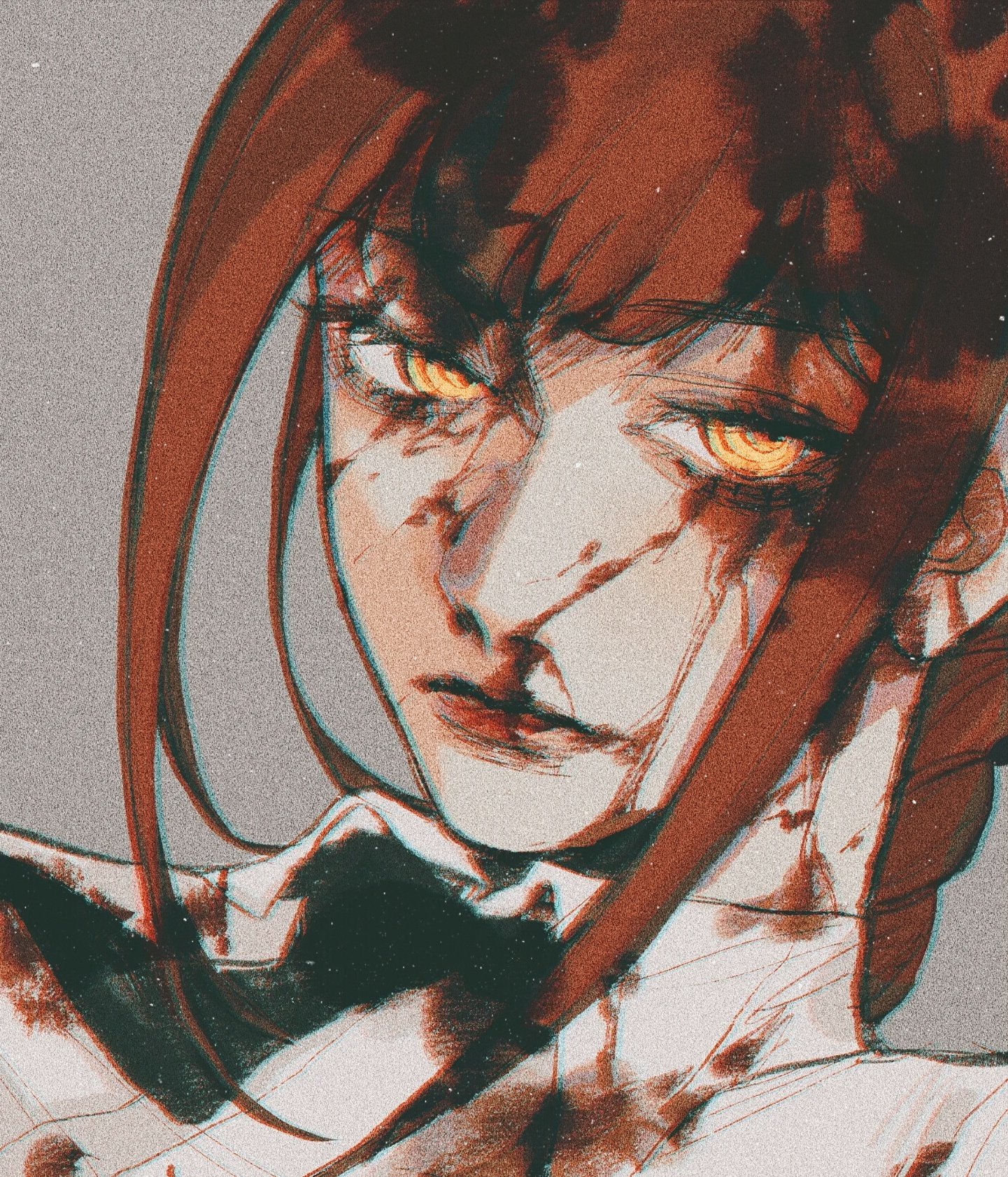 the image is a stylized digital painting or illustration of a young woman's face.  her style is reminiscent of anime or manga, with exaggerated features. she has long reddishbrown hair, intense goldenyellow eyes, and noticeable scars and wounds across her face, suggesting she may be injured or has been through a battle. the overall mood is dark and intense, conveyed through dramatic lighting, textured brushstrokes, and the character's serious expression. the color palette is predominantly warm tones of reds, browns, and oranges, contrasted by the bright yellow of her eyes. the style is abstract and expressive, focusing more on conveying emotion and atmosphere than photorealistic detail.