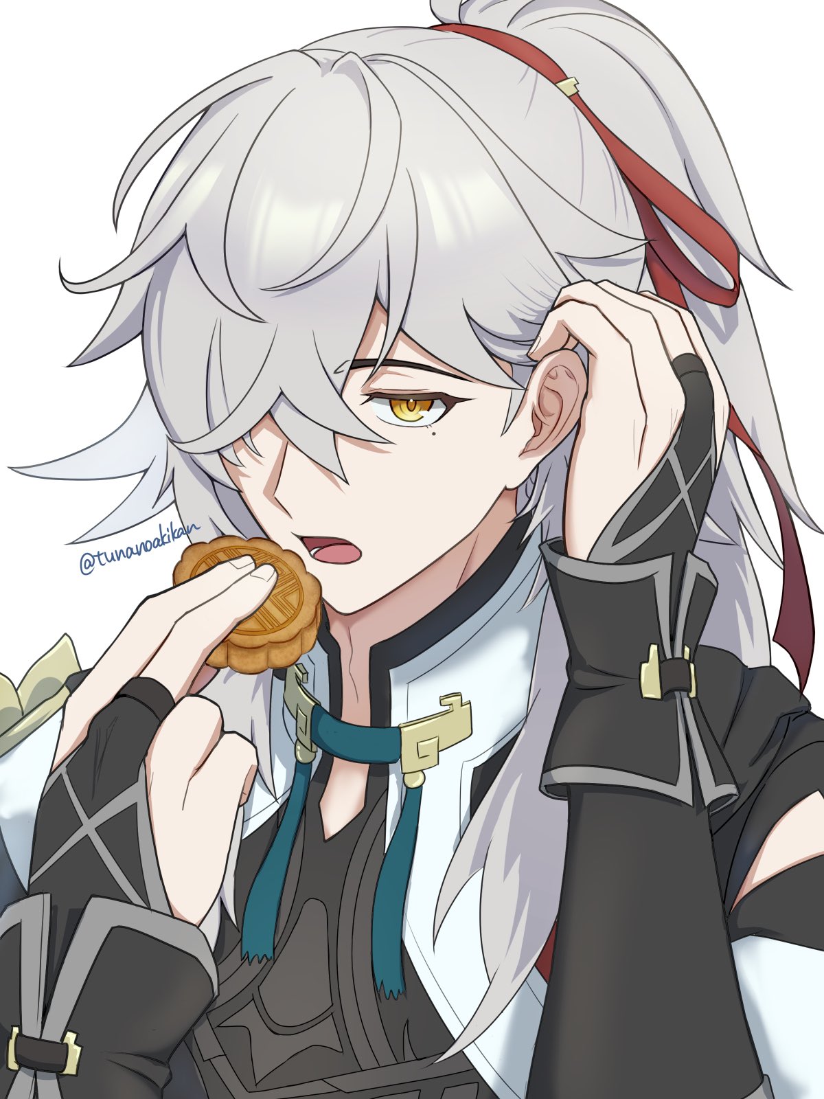 this is an anime style illustration of a young man with white hair, red ribbon tied around his hair, and a black and white outfit, eating a mooncake. he's looking down at the mooncake, and his mouth is slightly open. his expression is one of enjoying the delicious treat. the background is simple and white, allowing the focus to be on the man and his actions.  the image is drawn in a clean and crisp style, with vibrant colors. the overall mood is one of calmness and contentment.