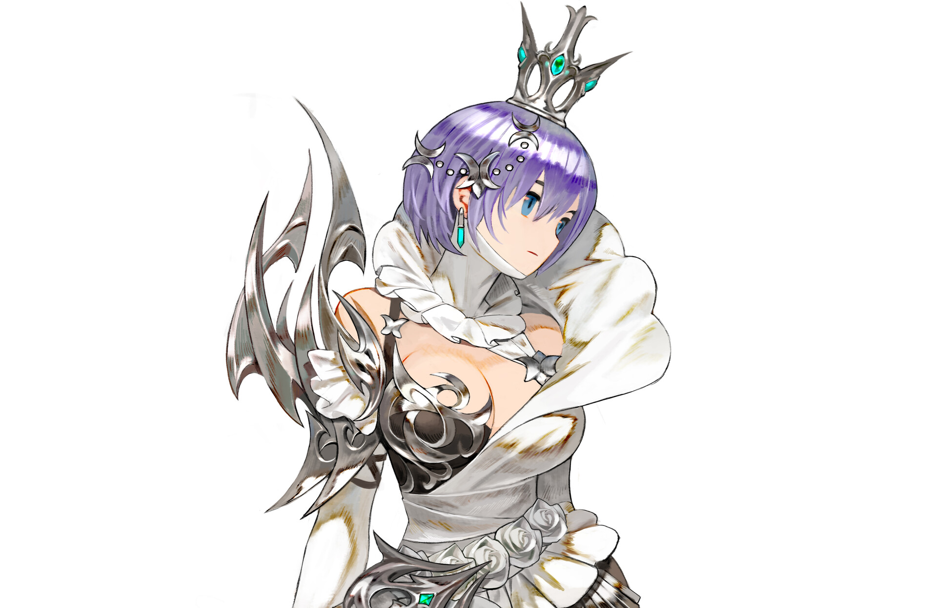 the image shows an animestyle woman wearing a white outfit, a silver crown adorned with green gems, and a silver shoulder armor. she has blue eyes and purple hair.