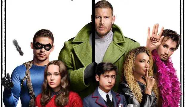 a promotional image for the umbrella academy, featuring the main cast standing in their signature poses against a white background with a single vertical black line. from left to right: number one (luther) in his superhero suit, number two (diego) in a casual jacket, number three (allison) in a red dress, number five in his school uniform, number seven (vanya) with her violin, and number six (ben) partially obscured by a pink feather boa. number four (klaus) stands prominently in the center, wearing a long green coat. he stares directly at the viewer, his expression serious.  the image evokes a sense of mystery and anticipation.
