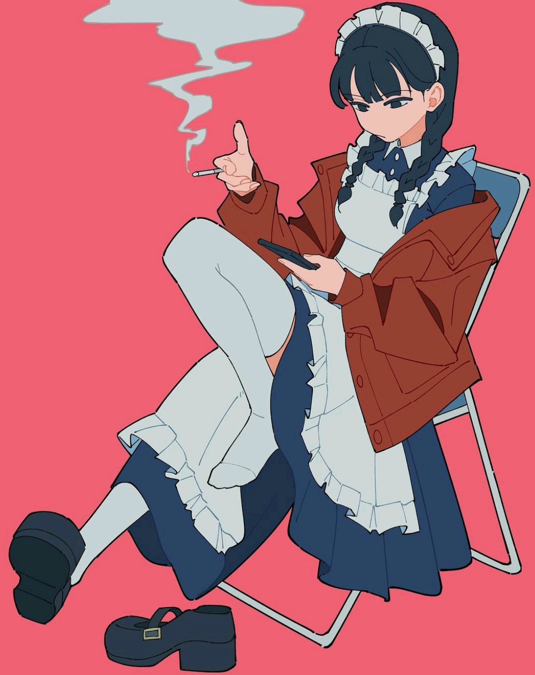 the image is an animestyle illustration of a young woman dressed in a maid outfit. she is sitting in a folding chair, wearing a brown jacket over her maid dress, white thighhigh socks, and black mary jane platform shoes. one shoe is off her foot and on the ground. she has dark hair styled in braids with a white headband. she is holding a phone in one hand and a lit cigarette in the other, with smoke rising from the cigarette. the background is a solid pink color.