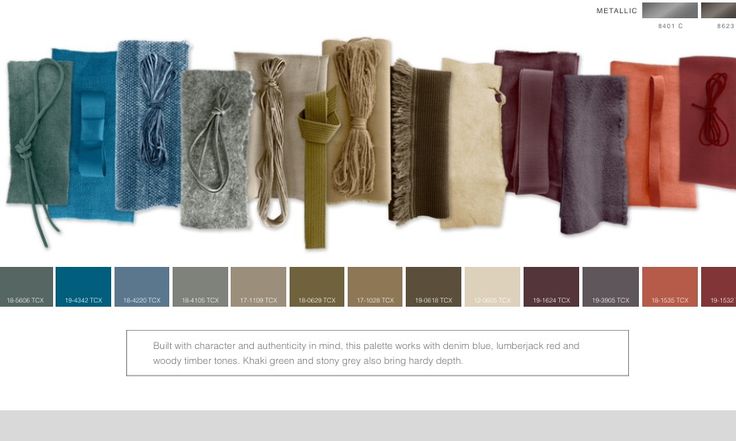 a color palette featuring an arrangement of fabric swatches and textile samples in various textures and colors, accompanied by pantone color codes and metallic references. the palette description mentions denim blue, lumberjack red, woody timber tones, khaki green, and stony grey. the swatches are organized in a horizontal row, with cords, ribbons, and brushed metal samples also included. the image showcases a range of colors and materials intended for design inspiration.