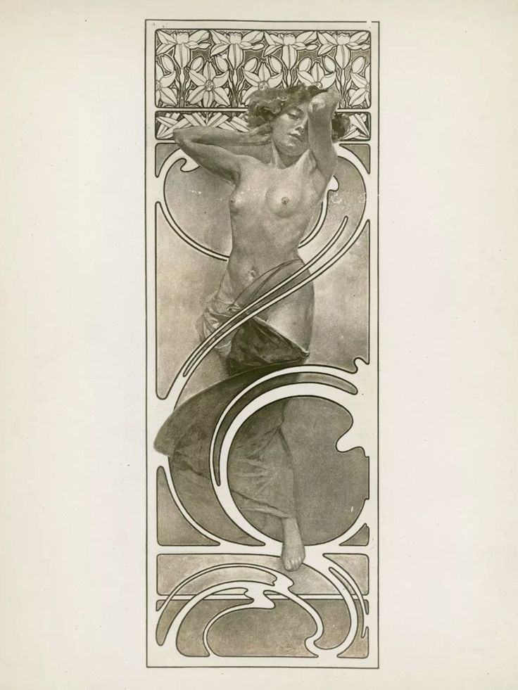 a black and white illustration of a woman in art nouveau style, with her arms raised above her head, her body enclosed by a swirling, abstract design.  the woman is nude and the design features flowing lines and curves.  the overall style is reminiscent of the art nouveau movement of the late 19th and early 20th centuries.