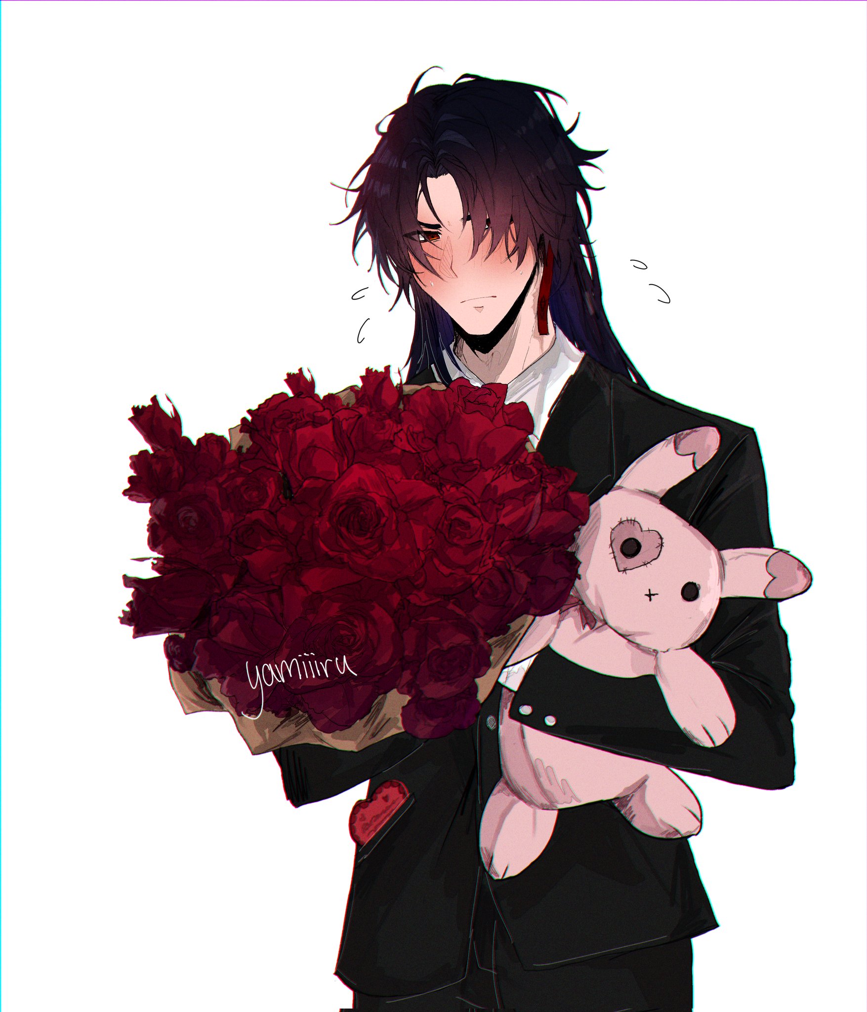 the image is a drawing of an anime boy with black hair and a suit. he is holding a bouquet of red roses and a pink plush bunny. he is blushing and looking down, seemingly embarrassed. the image is drawn in a cute and adorable style.