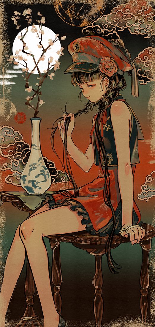 the image is a digital painting of an animestyle girl. she has long black hair styled in a braid, and she is wearing a traditionallooking red chinesestyle dress and a militarystyle cap. she is sitting on a small wooden stool, and she is holding her hair. the background is dark, with a full moon and cherry blossoms visible. the overall style is artistic and vintage.