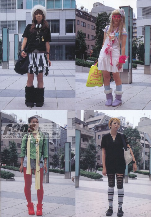 a fourpanel collage showcases different harajuku street style outfits worn by four women. each panel captures a woman posing outdoors in an urban setting, highlighting their unique fashion sense. from the playful layering of colorful garments to the edgy use of accessories, the collage offers a glimpse into the diverse and expressive nature of harajuku fashion.