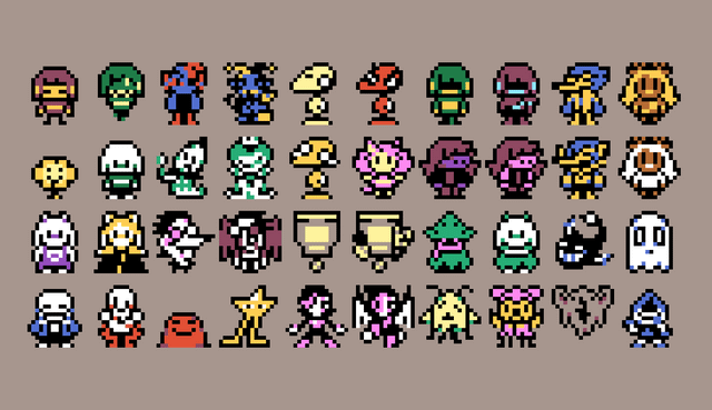 a collection of minimalist pixel art characters from the video games undertale and deltarune, created by toby fox. the characters are arranged in rows against a solid background and are depicted in their signature pixelated style.