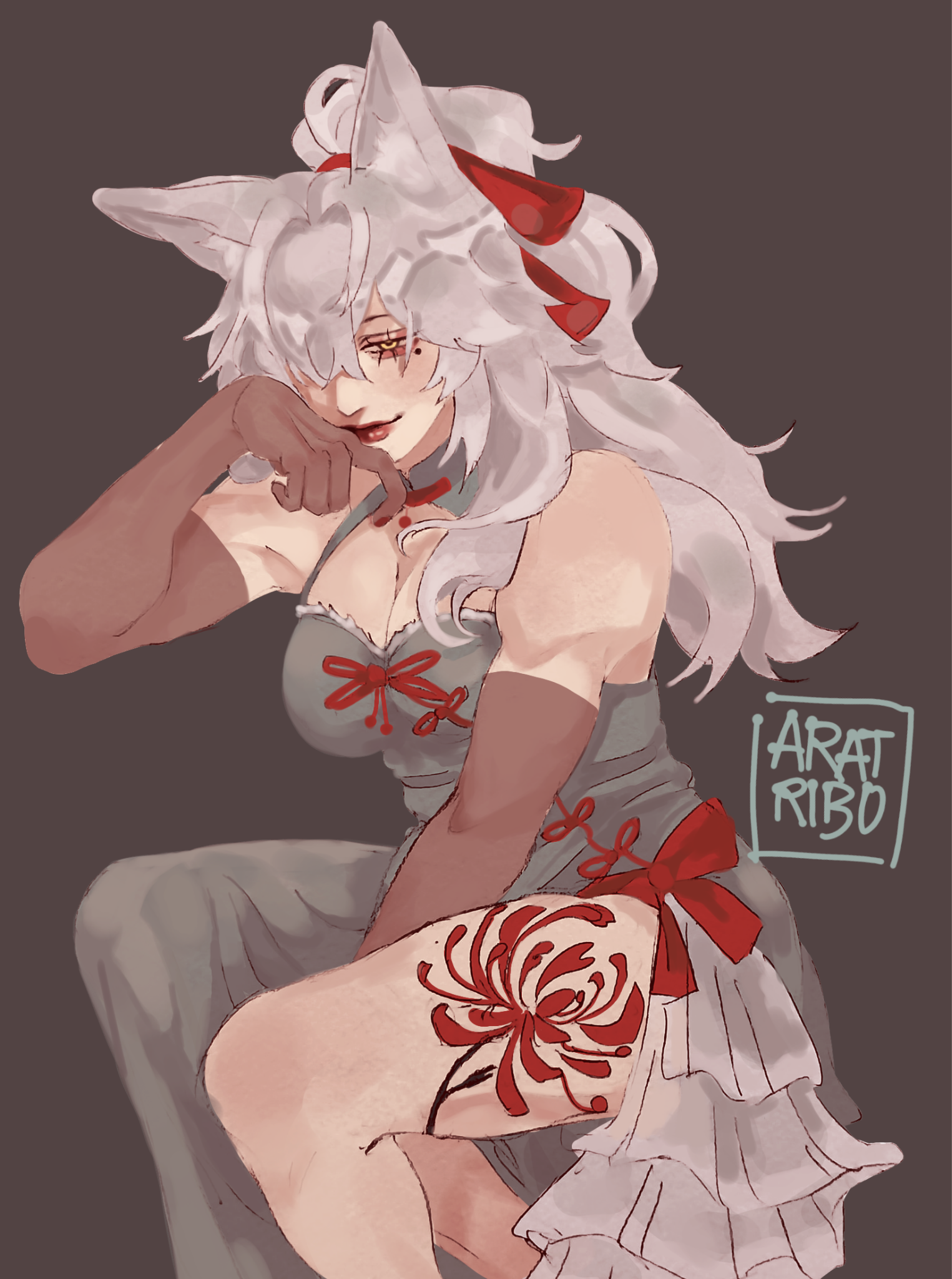 this is a digital art illustration of an anime girl with long white hair. she is sitting down with her hands on her chin. she is wearing a red and white dress and has a large red flower tattoo on her thigh. she is looking down. the art style is soft and colorful.
