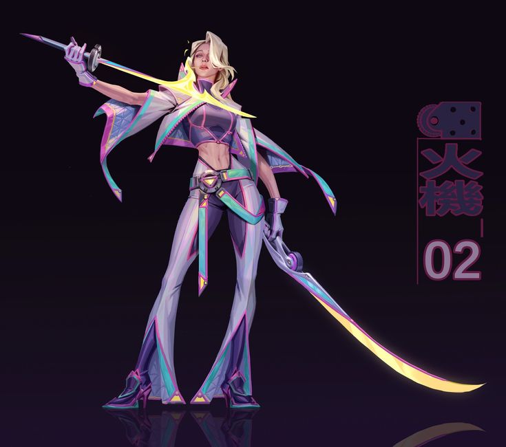 the image is a vibrant digital painting or illustration of a female warrior character.  she's styled in a futuristic, almost cyberpunk fashion, wearing a flamboyant outfit with bright neon colors (purple, pink, teal, gold accents).  her attire is sleek and stylish, incorporating elements of both practicality and fashion. she holds a long, curved sword, which glows subtly. the character's pose is confident and dynamic, suggesting strength and agility. the background is dark, which makes the character and her colors pop. there's a logo or artist signature in the corner, including the characters 火機 and the number 02, possibly indicating a series or project. the overall style blends anime/manga influences with elements of westernstyle concept art.