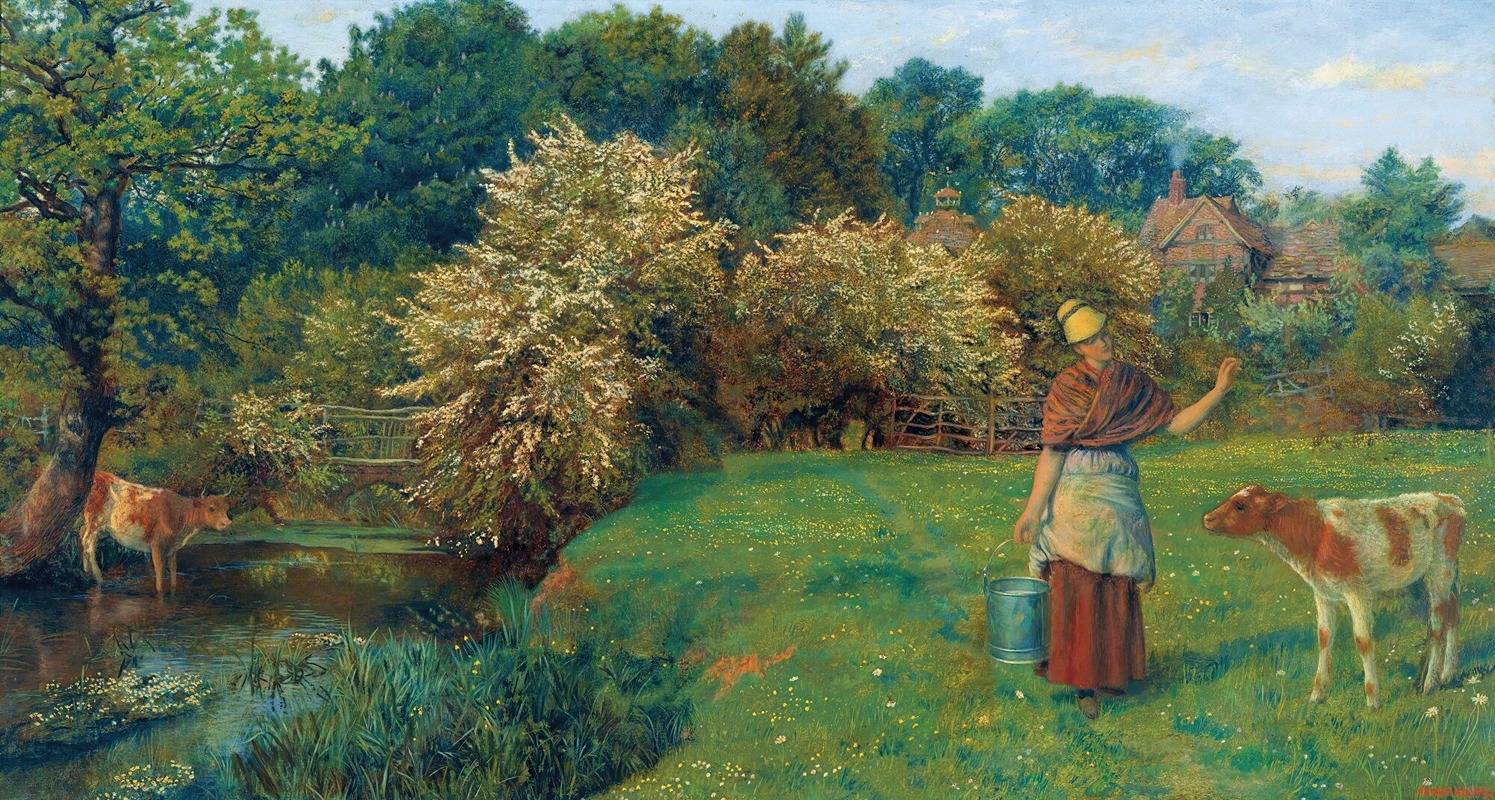 the image is an oil painting depicting a tranquil pastoral scene. in the foreground, a woman in a red skirt, white apron, and yellow hat stands in a grassy meadow dotted with wildflowers, holding a bucket in one hand and gesturing with the other towards a reddishbrown and white calf. to the left, a reddishbrown cow stands in a stream reflecting the surrounding trees. a small wooden bridge spans the stream, leading to a dense area of trees and foliage. in the background, a cottage with a red brick chimney can be seen through the trees. the scene is bathed in sunlight, creating a warm and idyllic atmosphere.