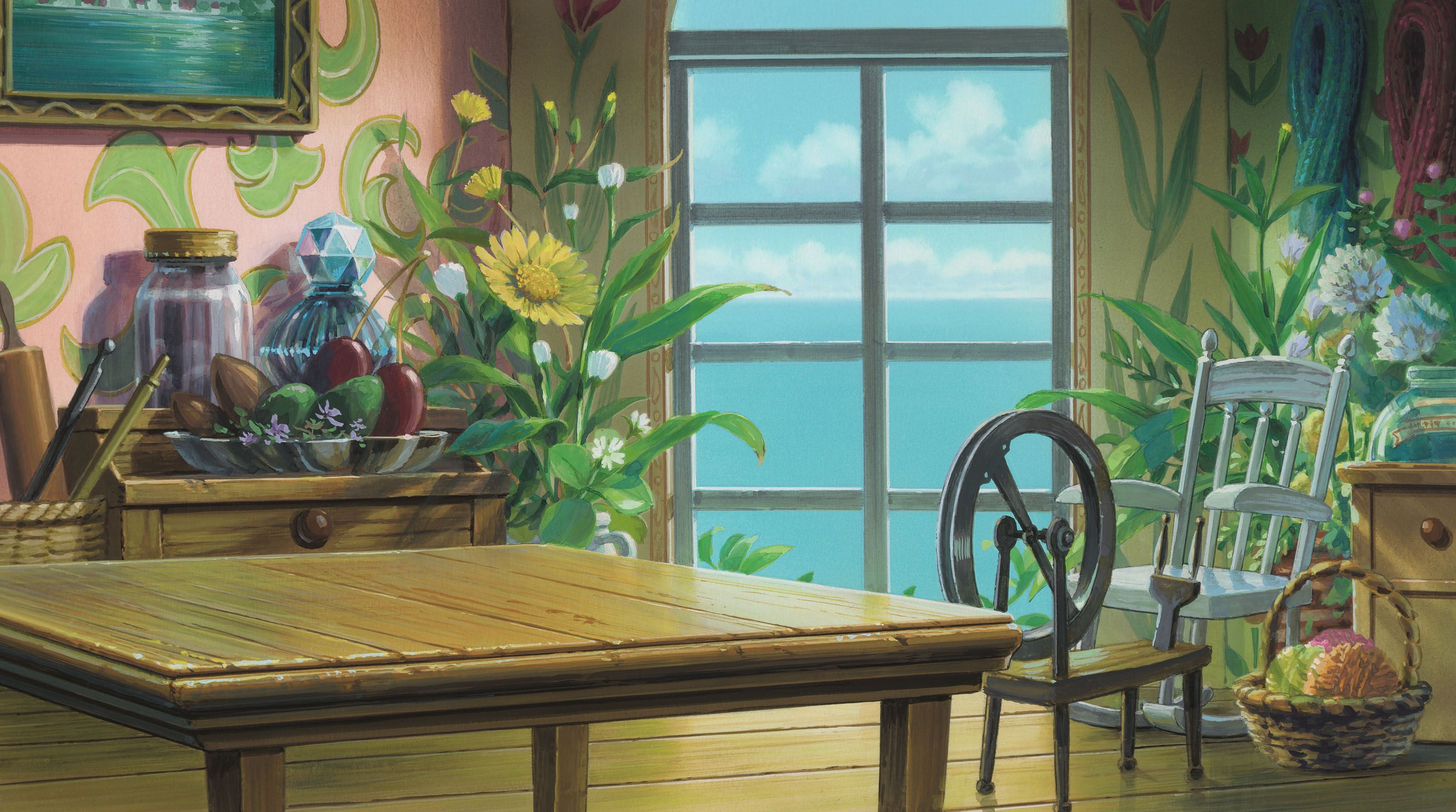 the image is an interior view of a room with a large wooden table in the foreground. there is a window with a view of the sea on the right side of the image. the room is decorated with flowers, fruit, and a basket. there is also a spinning wheel and a rocking chair in the room. the overall feeling of the image is cozy and inviting.