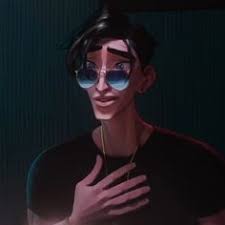 this is an animated portrait of a young man. he is wearing sunglasses perched low on his nose and has a look of pleasant surprise on his face. the lighting is dim, suggesting a nighttime environment like a bar or club, and creates a sense of intimacy. the overall feel is cool and stylish.