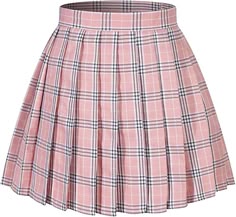 this is a pink plaid skirt that is pleated and has a high waist. it's a cute skirt that would be perfect for a school girl or anyone who wants to add a touch of style to their outfit. the skirt is made of a soft fabric and is comfortable to wear.