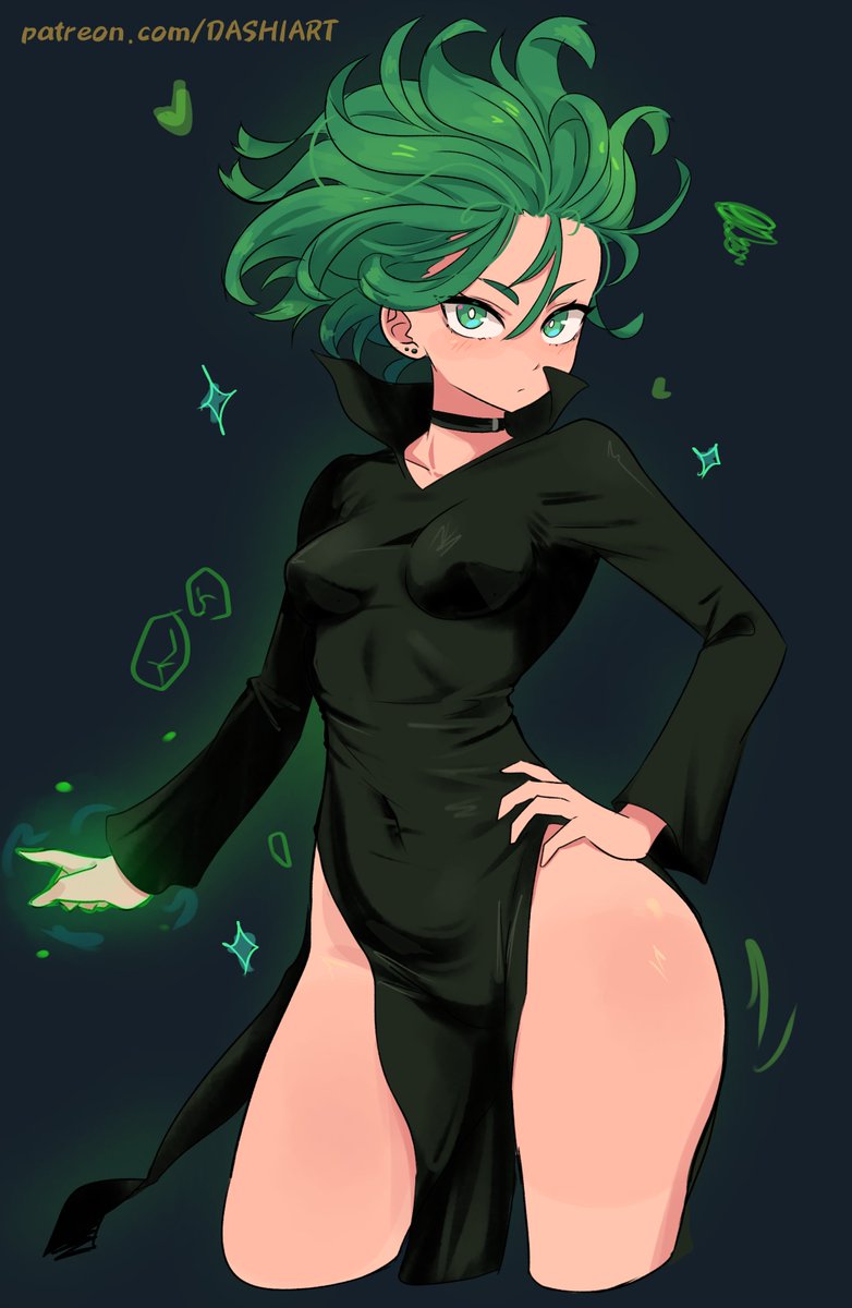 the image is of a female anime character with green hair and green eyes. she is wearing a longsleeved black dress with a high slit. her hair is flowing in the wind and she is holding her hand out as if she is casting a spell. the background is dark and there are glowing green particles around her.