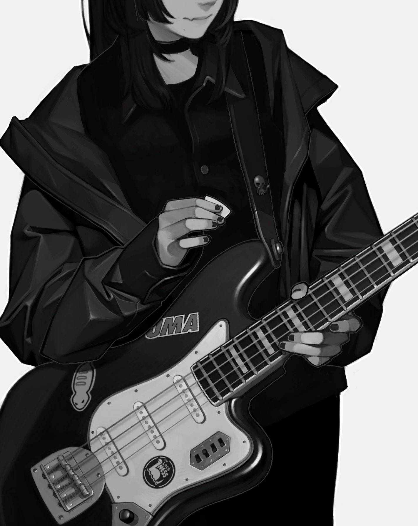 he image showcases a closeup, black and white illustration of an animestyle girl. she's depicted holding and playing a bass guitar. her attire consists of a darkcolored, seemingly leather jacket, adding to the edgy, alternative style. the overall presentation is detailed and graphic, with a focus on her interaction with the instrument. the grayscale color scheme gives a moody atmosphere, enhanced by the girl's serious expression.  details like a skull pin and stickers on the bass guitar contribute to a rock and roll aesthetic.