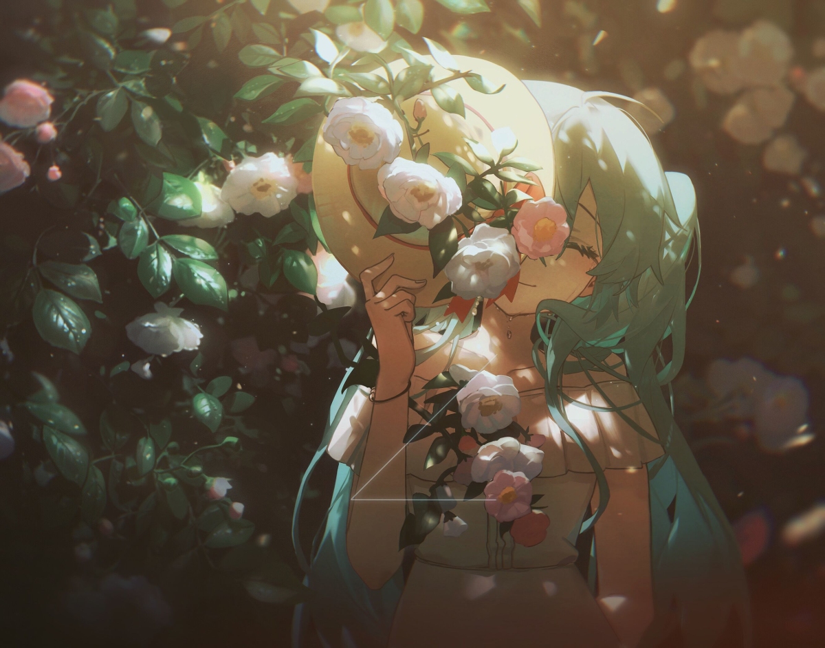 an animestyle illustration depicts hatsune miku in a garden setting. she is holding a straw hat adorned with white and pink roses. sunlight filters through the leaves and flowers. miku's green hair flows down her shoulders, and she is wearing a lightcolored dress. roses are scattered around her, creating a soft, summery ambiance.