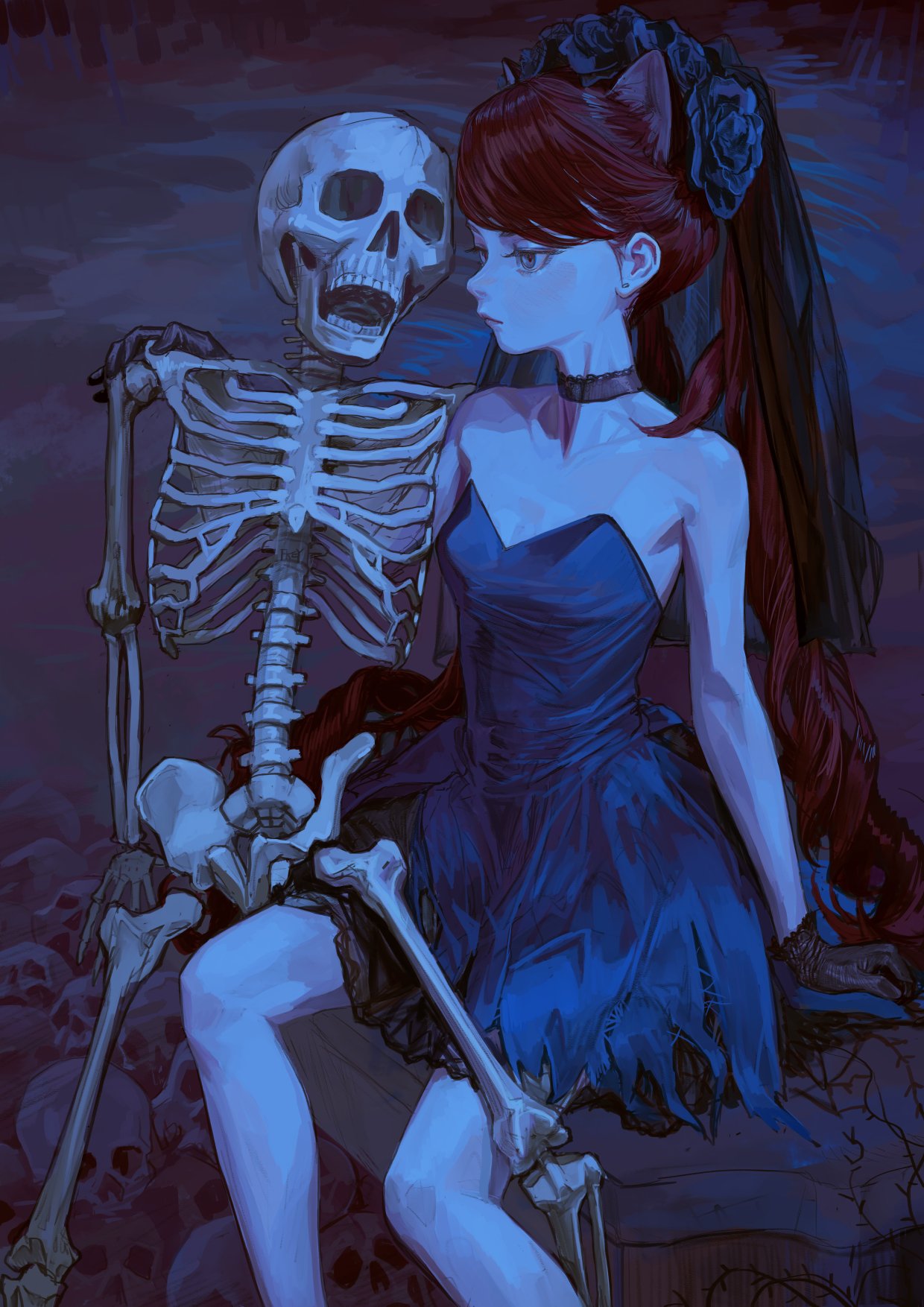 a paleskinned anime girl with dark hair and cat ears sits next to a skeleton. the girl is wearing a dark blue gothic dress, a veil with black roses, and a choker. they are sitting on a pile of skulls under a dark blue lighting. the skeleton has its arm around the girl.