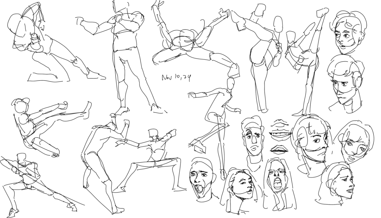 the image is a collection of quick, expressive sketches of human figures and faces.  the style is loose and gestural, focusing on capturing movement and energy rather than precise anatomical detail.  the sketches depict a variety of poses, from dynamic action shots to more relaxed stances.  the figures are mostly fullbody, with several closeups of facial expressions.  there is a date, "nov 10, 24," written in the center of the page.  the overall feel is spontaneous and energetic, suggesting a series of studies done quickly from life or imagination.