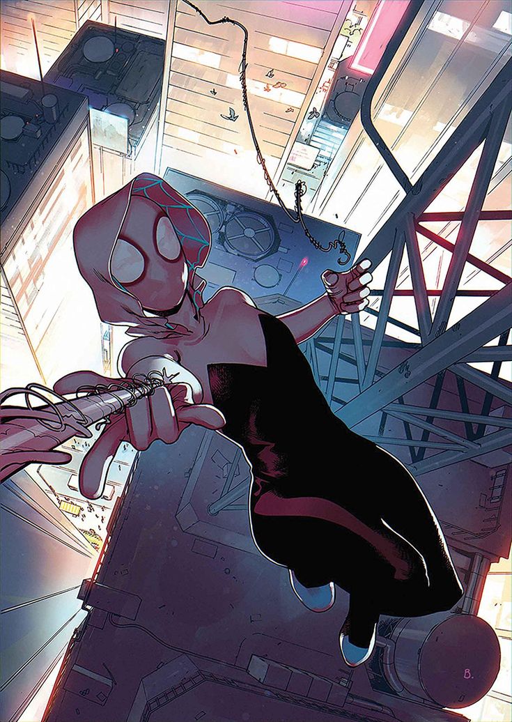 this is an illustration of spidergwen (gwen stacy) from the marvel comics. she is a superheroine who wears a red and black suit with a white spider logo. she is posed dynamically, swinging on a web line and looking over her shoulder. she is in a cityscape setting, with buildings and skyscrapers behind her. the lighting is dramatic, with bright light coming from the top of the image and shadows casting on the buildings. the art style is comic bookinspired, with sharp lines and bold colors.