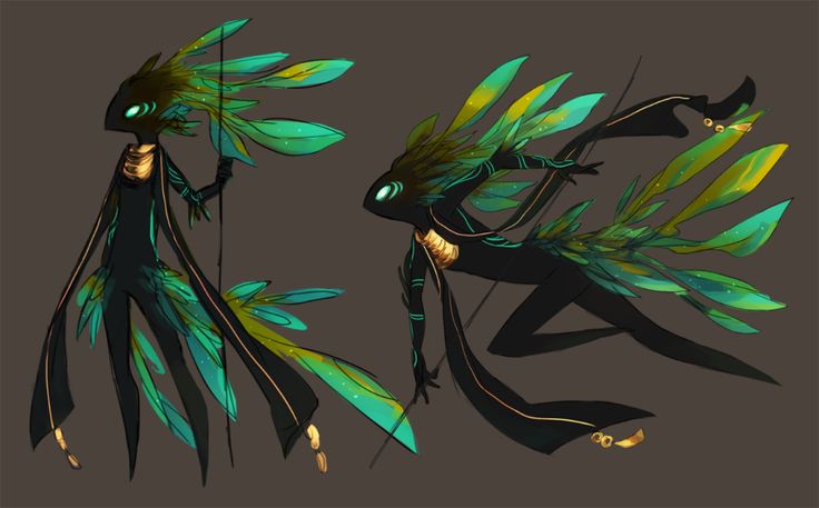 this illustration is of two fantasy creatures.  they are both slender, dark, and have long, flowing wings. the wings are green with a gold and teal shimmer.  both figures are dressed in black with gold accents. one figure is holding what looks like a staff or pole.