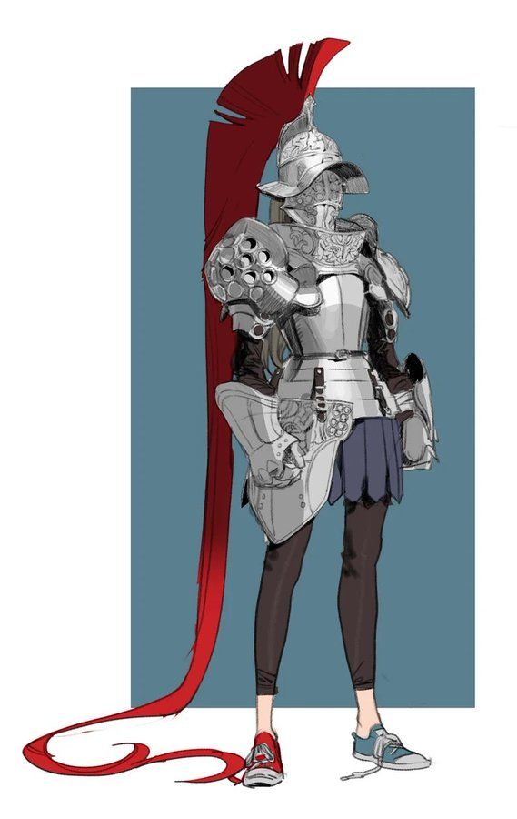 the illustration depicts a female character wearing a detailed, metallic italian renaissancestyle suit of armor. the armor is silver and intricately decorated.  the woman wears dark leggings and red converse sneakers, creating a striking contrast with the historical armor.  a long, flowing red plume or piece of fabric extends from the back of her helmet.  her pose is relaxed yet regal, suggesting a blend of historical and modern elements. the artwork's style is a digital painting, exhibiting loose lines and subtle shading, typical of concept art. the overall mood is intriguing and stylish, with the anachronism between the armor and modern footwear being a central visual element.