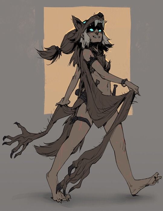 a digital illustration of a female werewolf, wearing a wolf pelt and a wolf head, with sharp claws on her hands and feet. she is walking with her mouth slightly open, revealing sharp teeth.