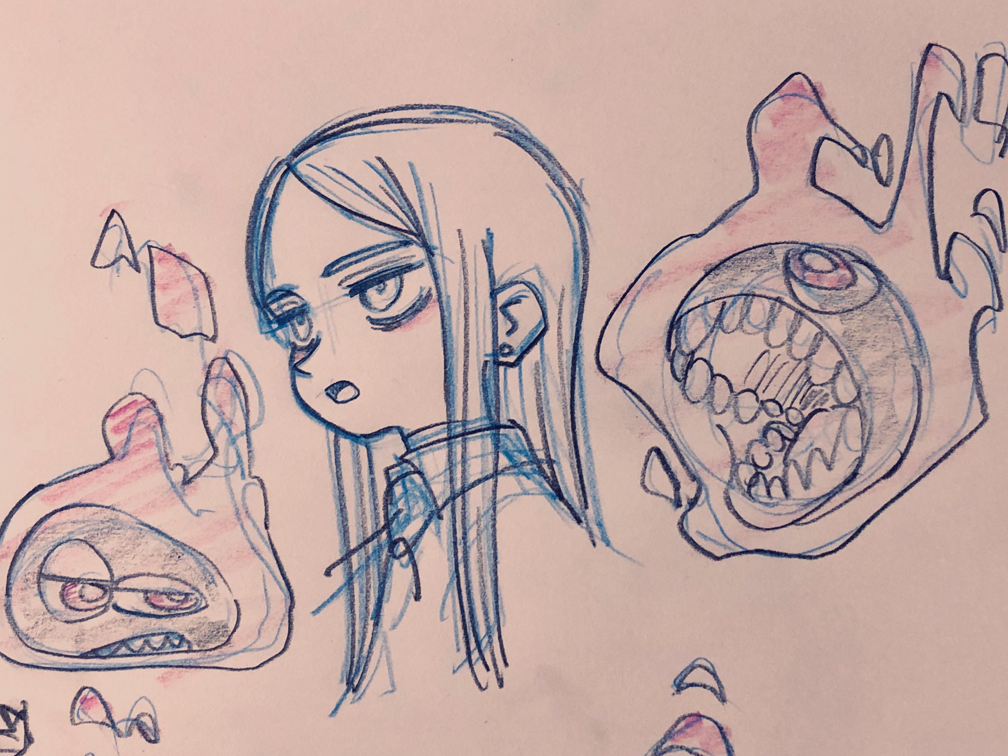 the image is a sketchy drawing of a girl and two ghostlike monsters. the girl has long, straight hair and is looking to the left. she is wearing a collared shirt. the monster on the left is small and has a grumpy expression. the monster on the right is larger and has its mouth open. all three characters are drawn in a cartoon style.
