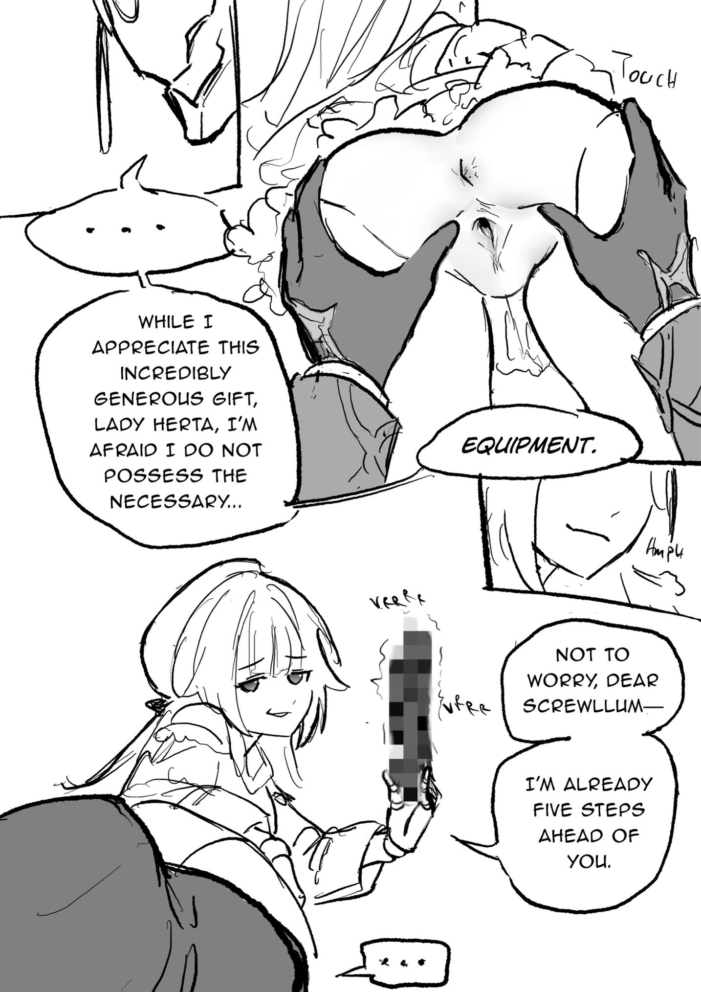 this image is a comic strip that shows two anime girls. the first girl is wearing a white dress with a long white cape, while the second girl has white hair and is wearing a white top with a black jacket. the first girl is holding a small black object while the second girl is looking at the camera. the comic strip has many text bubbles throughout, and the image is drawn in black and white.