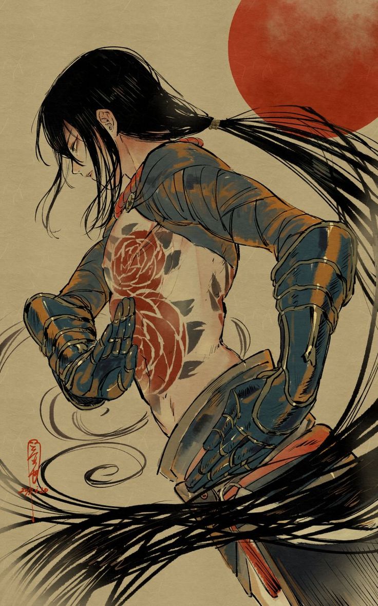 the image is a stylized digital painting or illustration of a male anime/manga character.  he has long dark hair tied in a ponytail, and is depicted from the waist up, in a dynamic pose. the character appears to be a warrior or samurai, wearing dark, armored gloves and what looks like a partially revealed kimono or similar garment.  a striking feature is a large tattoo of two red roses on his torso. the background is a muted beige with a large red sun and swirling black lines that add movement and visual interest, mimicking the style of traditional japanese art like ukiyoe. the overall aesthetic is both elegant and mysterious.