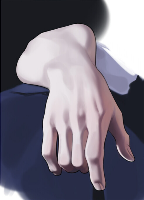 the image showcases a detailed, stylized drawing of a person's hand and lower arm resting on a dark blue surface. the hand is depicted in a relaxed pose, with the fingers slightly curled. the lighting is soft and emphasizes the contours of the hand, highlighting the delicate structure of the skin and bones. the overall mood of the image is serene and contemplative.