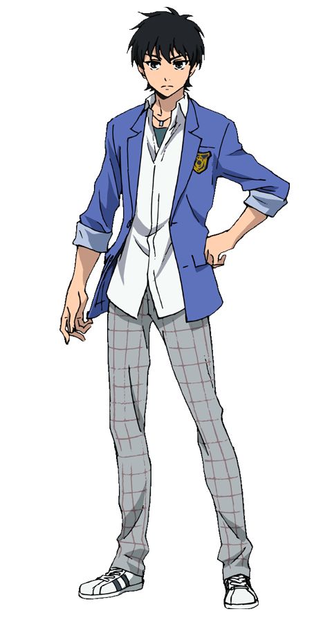 the image is of a young anime boy standing and looking straight ahead. he is dressed in a blue blazer with a white shirt, gray plaid pants, and black sneakers. he has black hair and brown eyes, and a serious expression on his face. the boy is wearing a white shirt that is tucked into his plaid pants. the boy's right arm is bent, with his hand resting on his hip, while his left arm is straight down by his side. his expression is serious, and he is looking straight ahead.