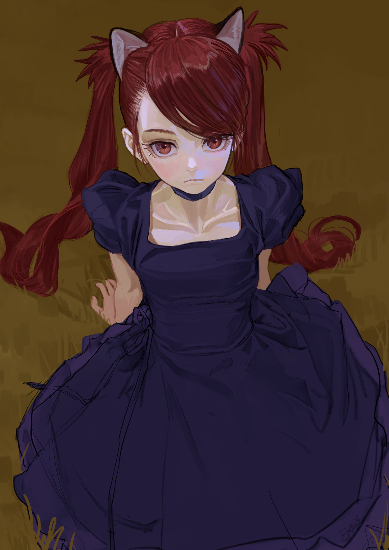 an illustration of a young anime girl with red hair styled in pigtails and wearing cat ears. she has pale skin, large, expressive eyes, and a serious expression. she is wearing a dark blue dress with a square neckline and a choker. the background is a muted brown color, giving the image a soft and somewhat somber feel. she appears to be looking up.