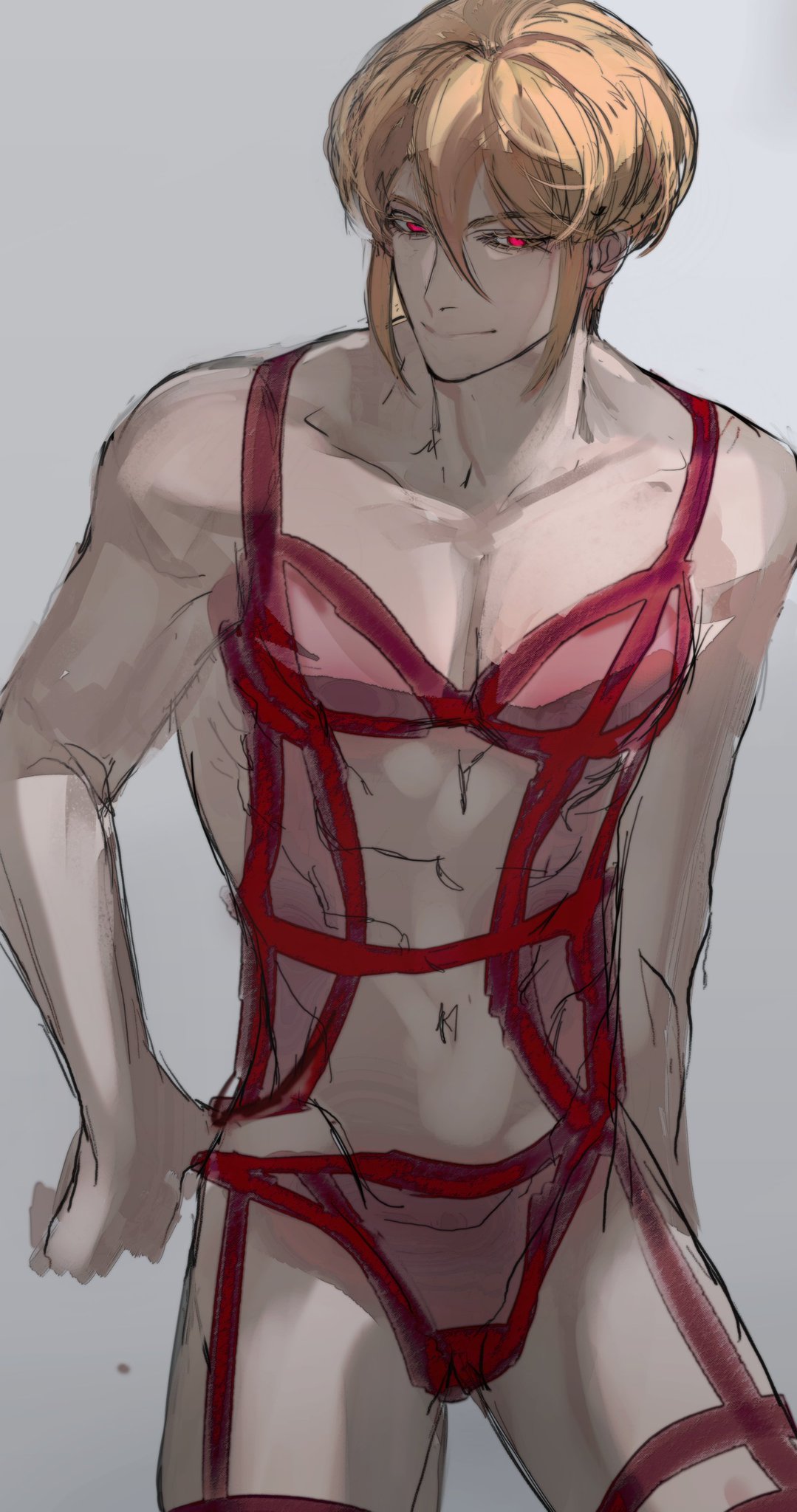 a digital illustration of a male anime character with blonde hair and red eyes. the character is wearing red lingerie. the character is looking at the viewer with a slightly smirking expression.