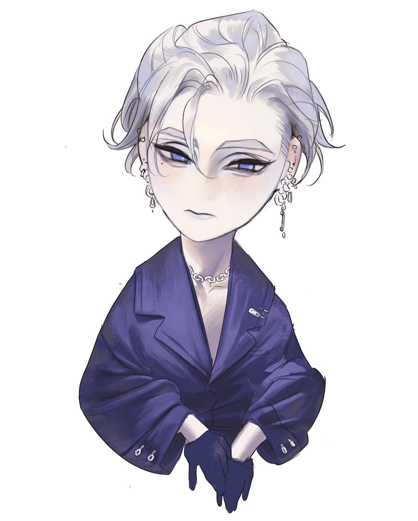 the image showcases a stylized portrait of a young man with white hair styled in a messy, androgynous cut. he has multiple piercings in his ears and is adorned with silver jewelry, including a chain necklace and dangling earrings. he wears a loosefitting, dark blue collared jacket, unbuttoned to reveal his chest. he sports black gloves and gazes directly at the viewer with a neutral expression. the overall aesthetic blends elements of anime and contemporary fashion, set against a clean, white background.