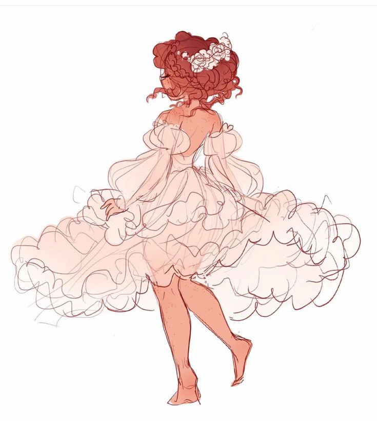 a beautiful woman in a flowing, pink dress. she is sketched in a delicate and dreamy style, and she appears to be floating with her dress swirling around her. the drawing is filled with whimsical details that make it feel magical.  the background is simple and white, allowing the woman and her dress to take center stage.