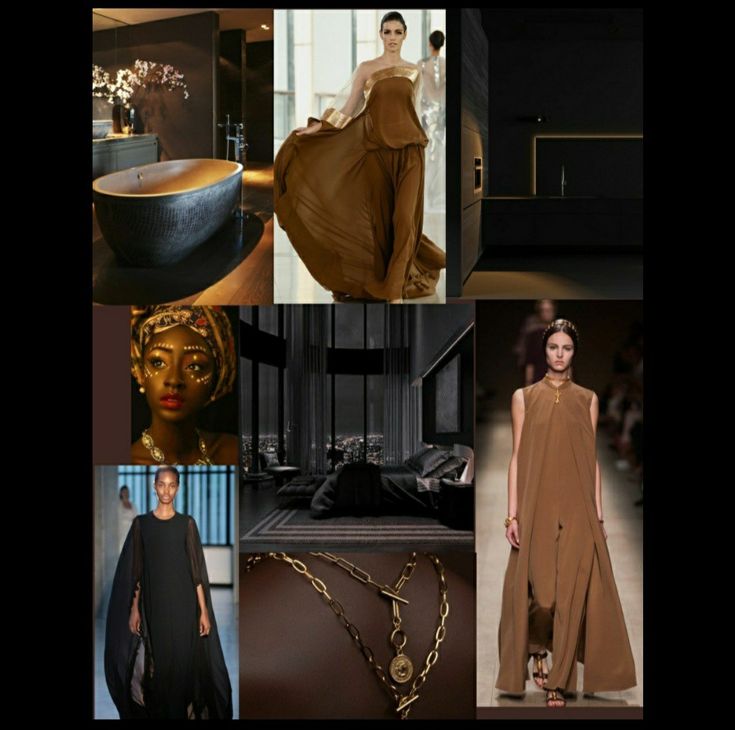 this collage image is a mood board featuring various elements and images. it appears to be themed around a luxurious and minimalist aesthetic.  the image includes a fashion model in a black gown, a model in a brown dress, a model in a gold gown,  a modern bathroom interior, a bedroom interior with a bed and a window view of a city skyline, and a close up of a gold chain necklace. the overall mood is one of elegance, sophistication and modern style.