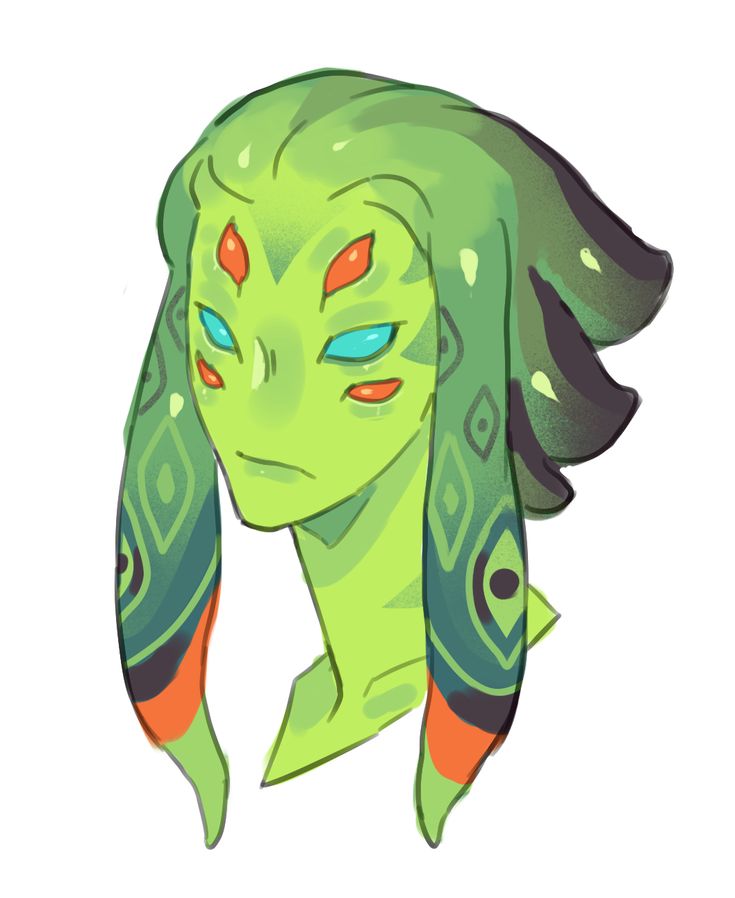 the image is a digital painting or illustration of a stylized fantasy creature, possibly an alien. it's a closeup, headshotstyle portrait. the creature has vibrant green skin, four eyes (two large, tealcolored eyes and two smaller, orange eyes above), and distinctive hair or appendages that are patterned and extend down the sides of its face. the art style is loose and painterly, with visible brushstrokes, giving it a slightly unfinished but expressive look. the overall color palette is bright and lively, dominated by various shades of green, orange, and teal. the creature has a somewhat stoic or serious expression.