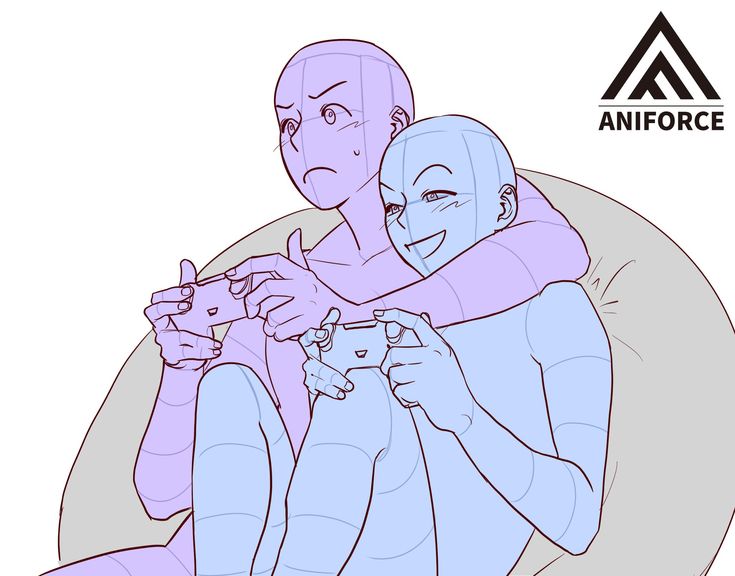 this is an anime drawing of a couple sitting on a beanbag chair playing video games. the man is holding the controller and the woman is hugging him from behind. the drawing is outlined with red lines on a white background.