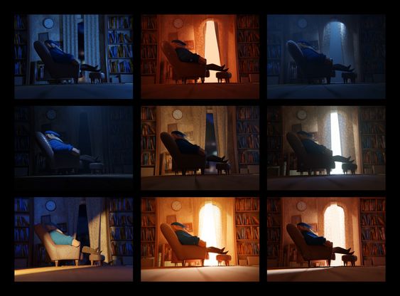 the image is a grid of nine panels showcasing the same scene  a man relaxing in an armchair in a bookfilled living room  under different lighting conditions. the time of day shifts from night to day, transitioning from the cool tones of moonlight and lamplight to the warm hues of sunlight. the man remains in a similar relaxed posture throughout, suggesting a sense of peaceful solitude and enjoyment of his leisure time. the overall atmosphere is inviting and comforting, emphasizing the warmth and familiarity of the home environment.