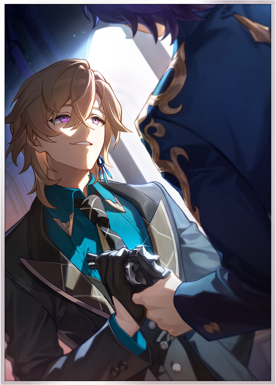 he image is a piece of fanart in the style of anime or manga, depicting two male characters from the video game genshin impact. they appear to be in a close, intimate moment; one is handing a gun to the other.  the lighting is dramatic, focusing on the characters' expressions and outfits. the characters are formally dressed in suits; one in teal and grey, and the other in a deep blue.  one has blond hair and purple eyes and a warm, subtle smile. the other has darker hair and is partly obscured. the overall mood is tense yet elegant and stylish, hinting at a complex relationship or storyline.
