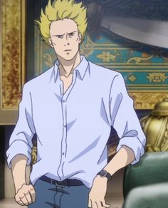 a blonde male anime character with spiky hair stands in a room. he is casually dressed in a white button down shirt and dark pants.  the background is ornately decorated and  a piece of furniture with gold embellishments is visible in the image.  the lighting is soft and the overall color palette is light and airy. the character appears stoic in both facial expression and posture.
