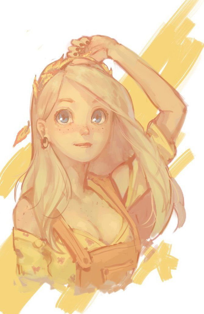 a digital art illustration of a young woman with blonde hair, blue eyes, and freckles. she is wearing yellow overalls and a crown of leaves. her hand is raised to her head. the background features yellow brush strokes. the overall style is whimsical and cute.