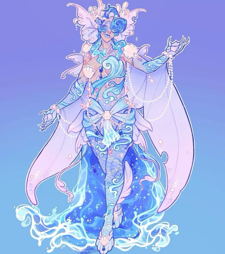 an ethereal, fantasy illustration of a humanoid creature resembling a sea fairy or mermaid. the character is adorned in a flowing blue and purple dress with intricate waterthemed designs, shell accents, and pearl embellishments. they have wings and a crownlike headpiece with a mask covering their eyes. the character is surrounded by swirling waves, creating a magical and otherworldly atmosphere.