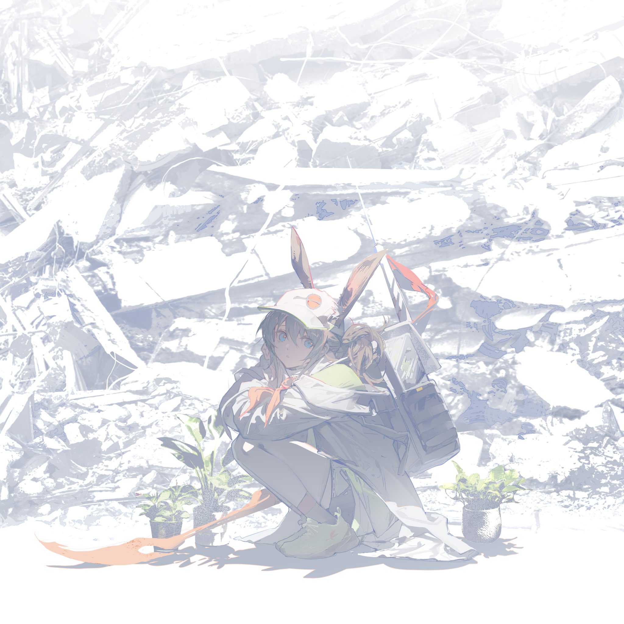 the image shows an anime girl with rabbit ears, squatting in the middle of rubble and ruins. she wears a cap, an orange scarf, and has an orange tail. she carries a backpack and is surrounded by plants. the image has a light color scheme.