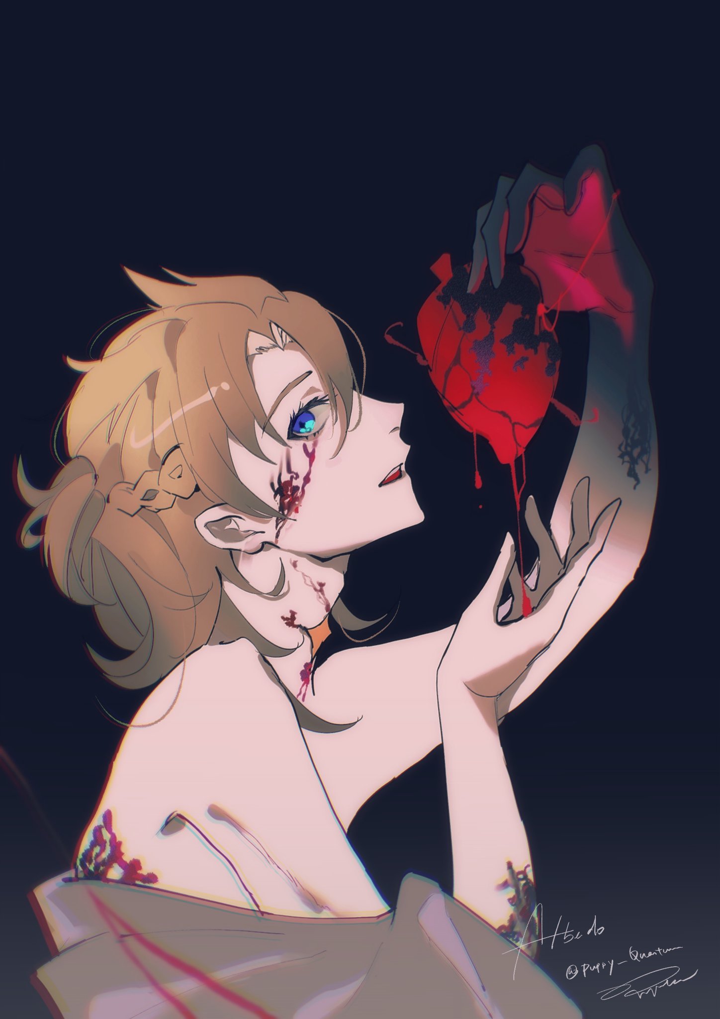 a digital drawing of a young woman with blonde hair, holding a bloody heart in her hand. she is wearing a simple garment and has numerous cuts on her face and neck. the background is dark.