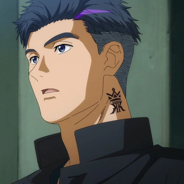 closeup portrait of an anime character with dark blue hair, a purple streak, black clothing, and a tattoo on their neck that features a crown and the letter k. the character has blue eyes and a serious expression. they are looking off to the side.