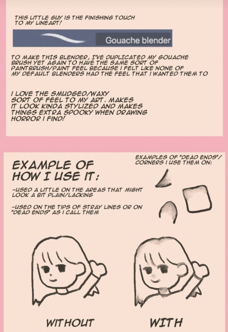 this is an art tutorial on how to create a gouache blender and how to use it. the tutorial teaches you to apply the blender to areas that might look a bit plain/lacking and also to the tips of stray lines or on "dead ends" as the author calls them. the tutorial also provides a before and after image of a drawing to show the difference between using the gouache blender and not using it.